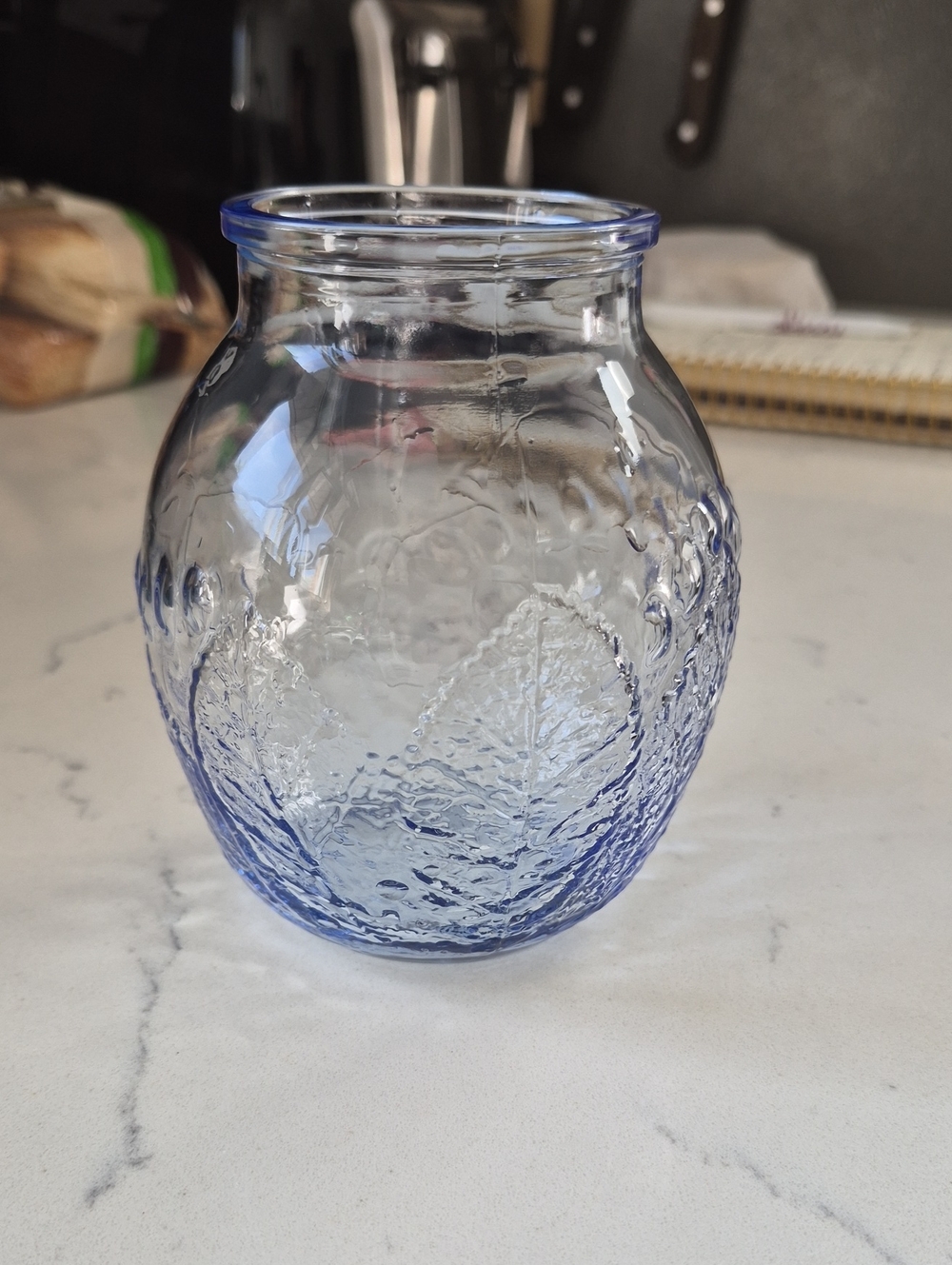Blue Textured Glass Leaf-Embossed Vase